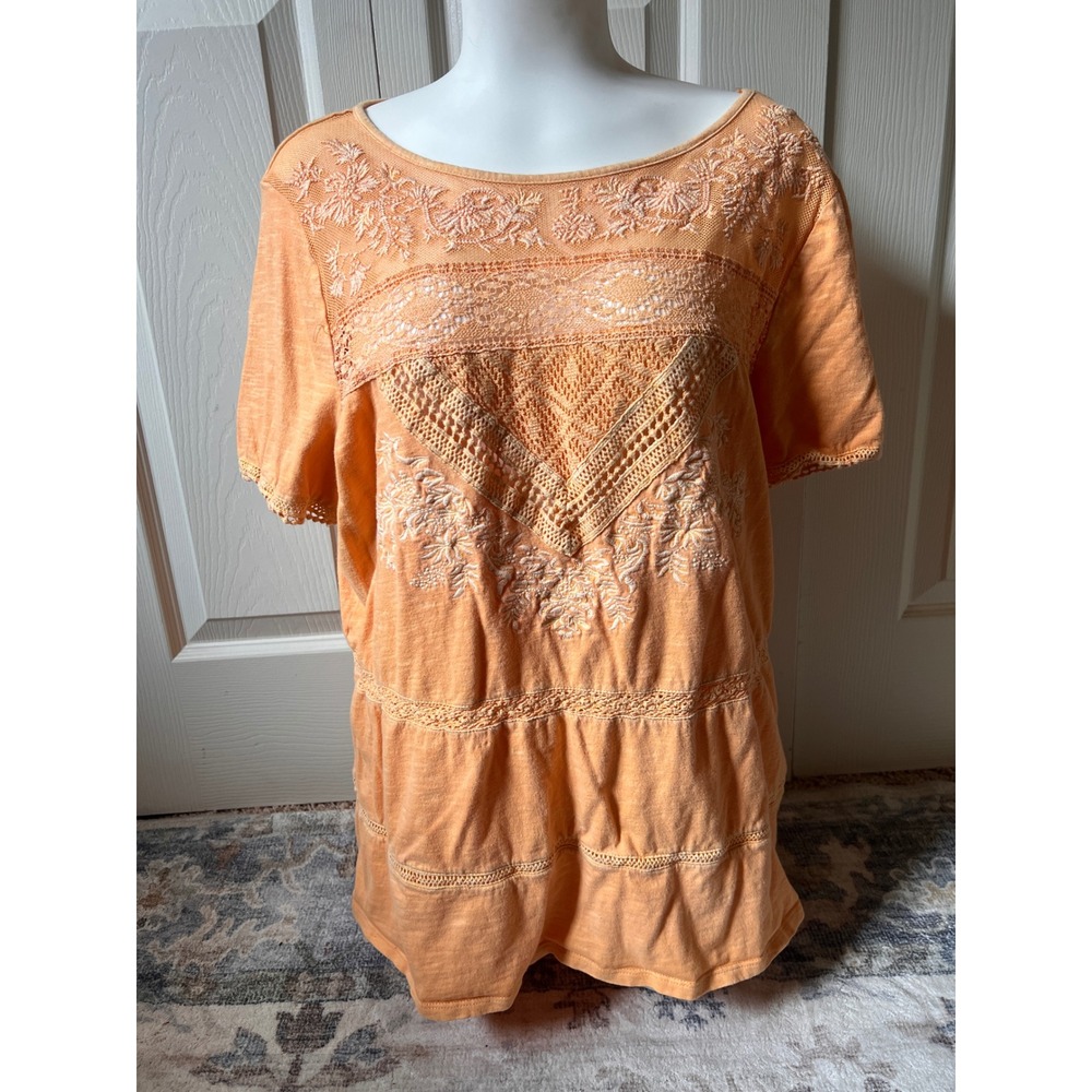 Sundance Embroidered Lace Crochet Slub Knit Top Apricot Orange Boho Womens L